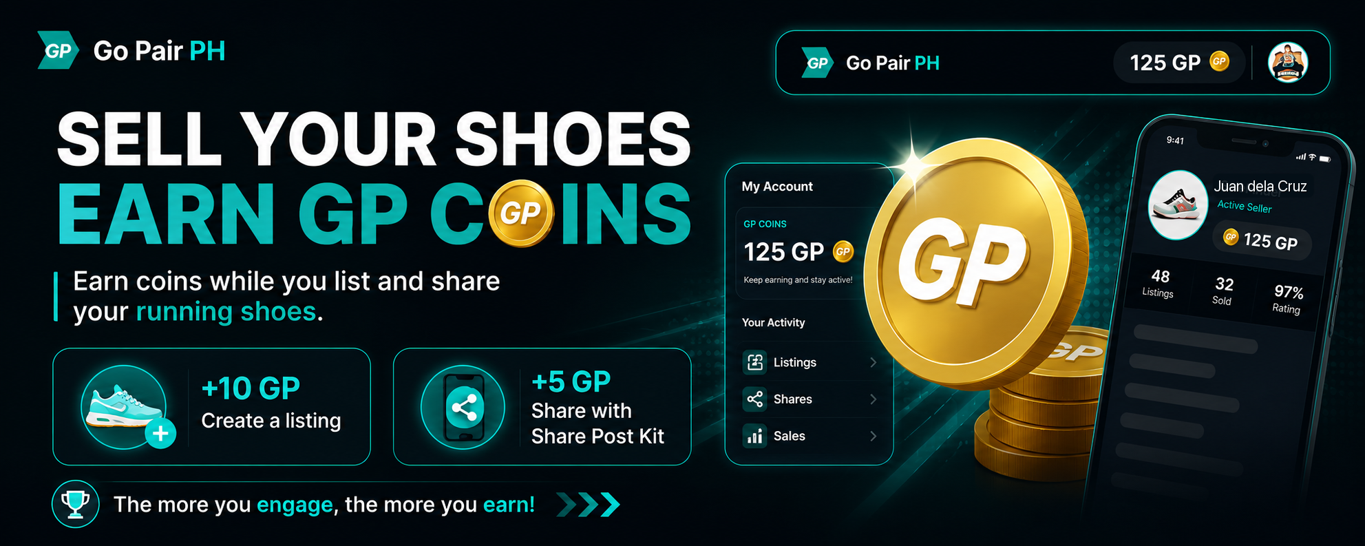 Go Pair PH carousel banner encouraging sellers to list running shoes, share with the Share Post Kit, and earn GP Coins