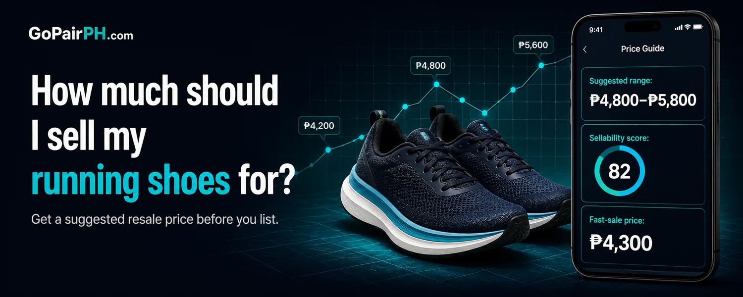 Go Pair PH Price Guide estimating a suggested resale range, sellability score, and fast-sale price for running shoes